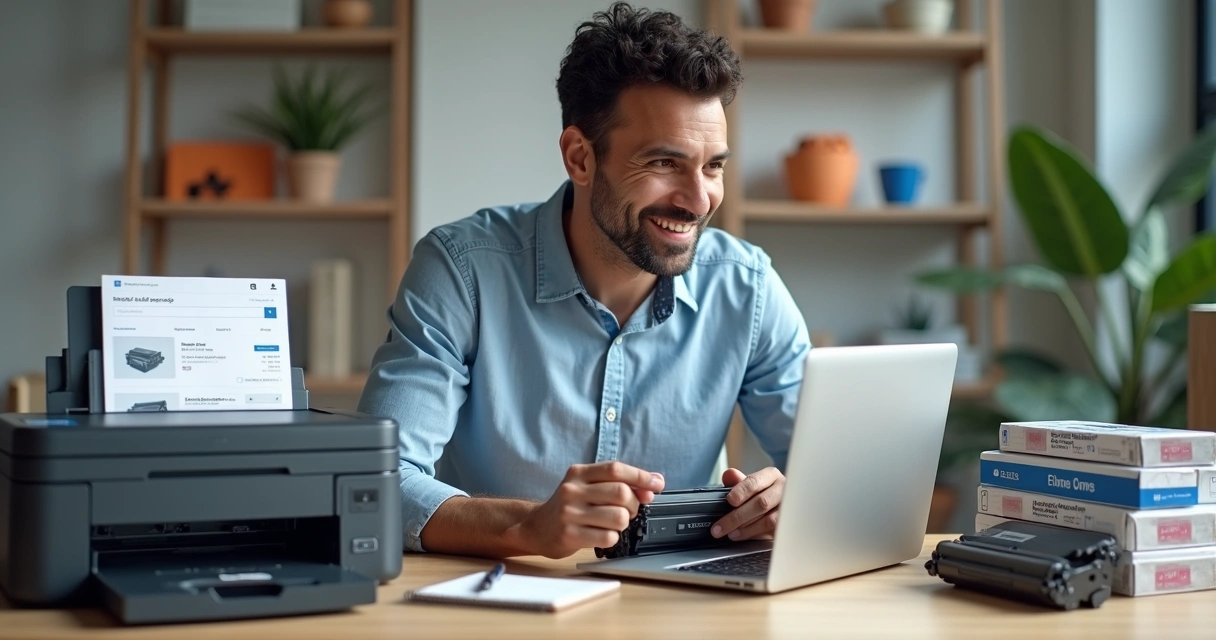 Pessoa escolhendo toner compatível ao lado de impressora doméstica 