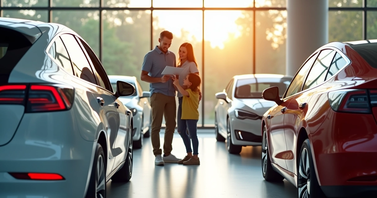 Família em concessionária escolhendo veículo elétrico 