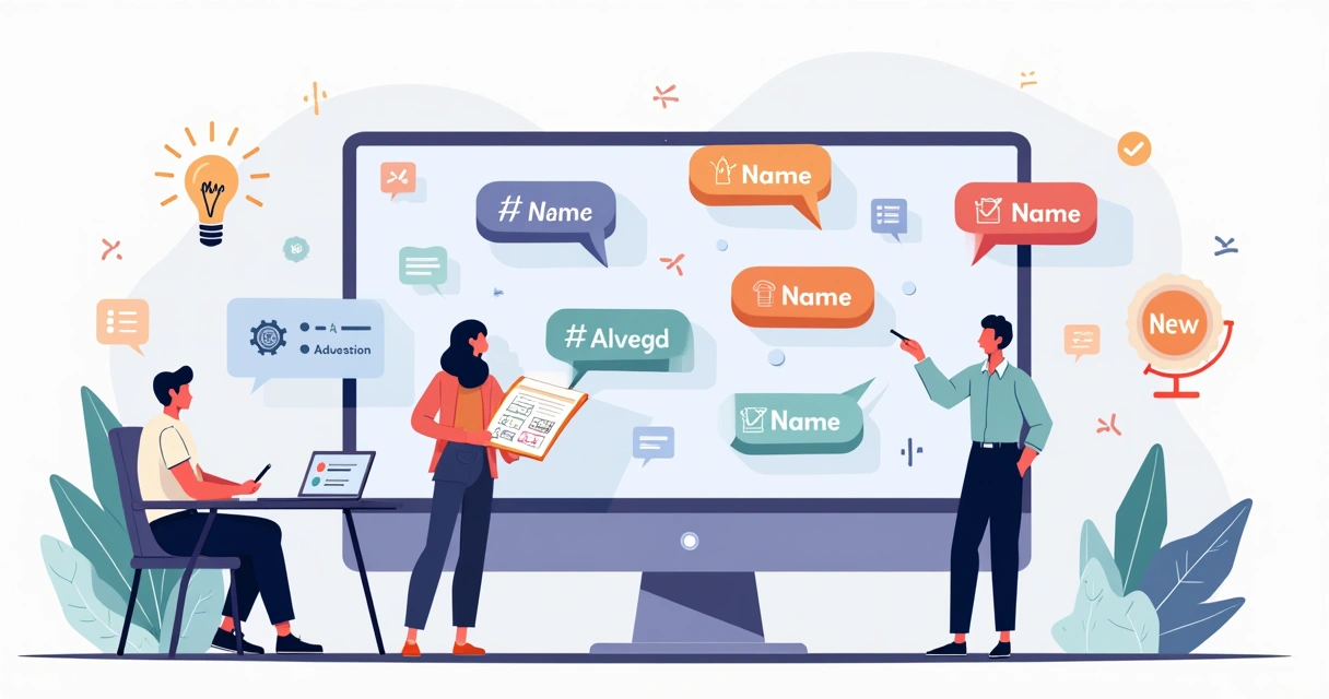 Pessoa escolhendo nome de blog em tela de computador com ideias destacadas ao redor 