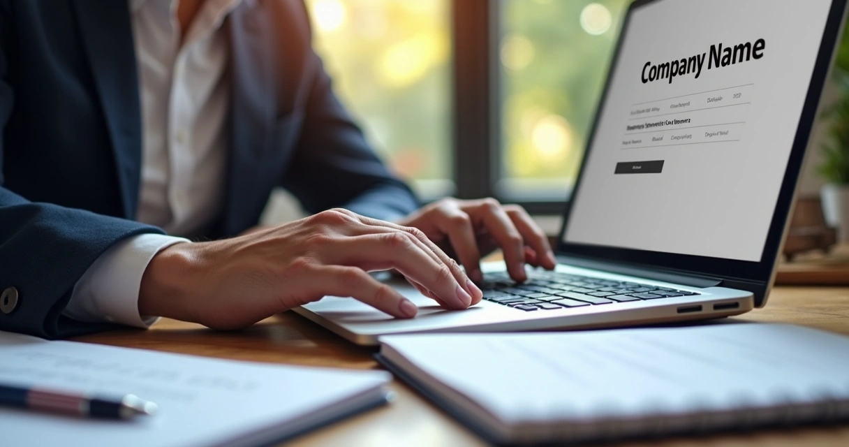 Mãos digitando nome de empresa em laptop com tela registrando marca 