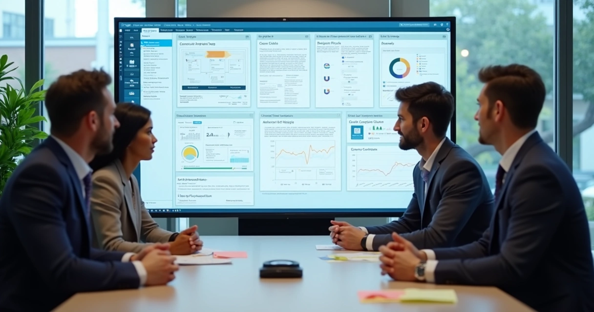 Equipe analisando software CLM em sala de reunião 