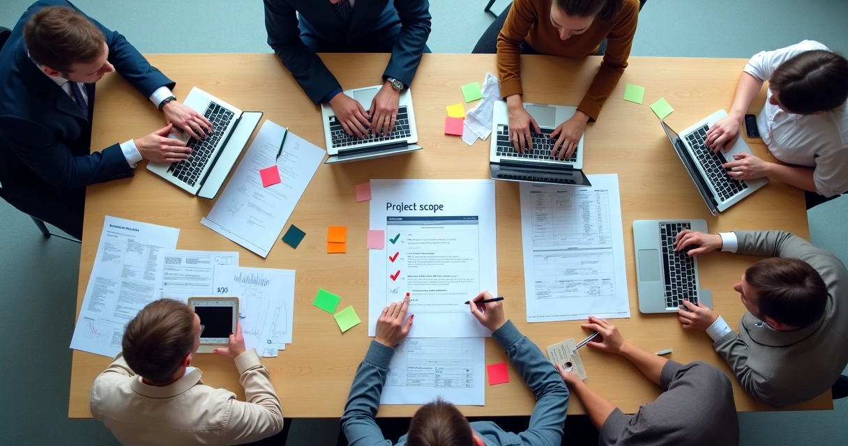 Visão superior de uma mesa com propostas empresariais e uma lista de escopo clara e destacada. 