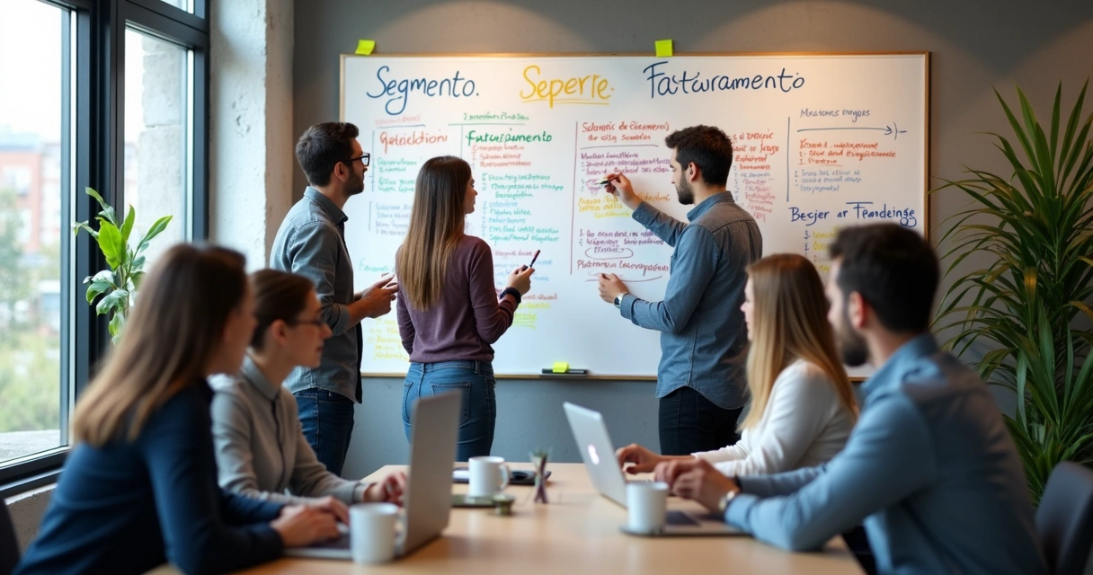 Equipe discutindo perfil ideal do cliente em quadro branco 