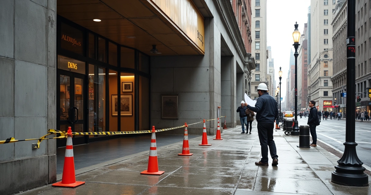 Escoramento metálico sustentando marquise e área isolada por fitas 