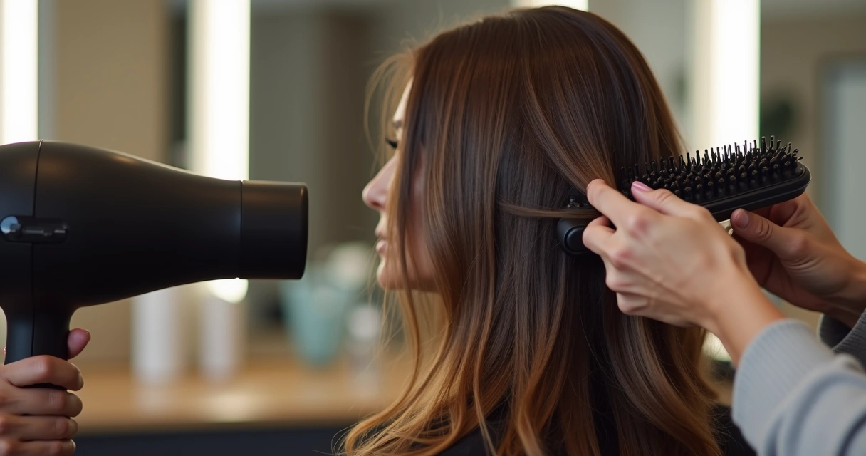 Profissional secando cabelo com escova redonda em salão 