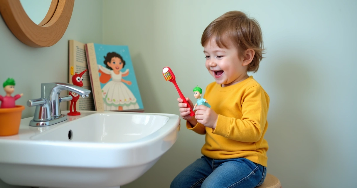 Criança pequena sorrindo segurando escova de dentes lúdica colorida 