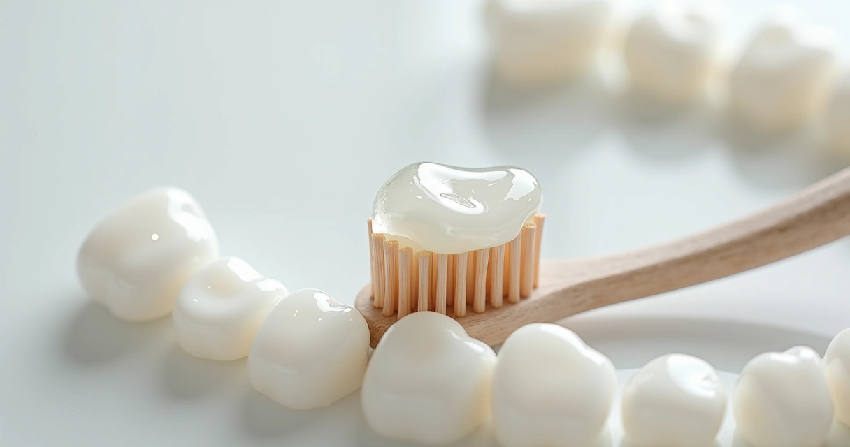 Escova com gel bucal manipulado próximo a dentes brancos 