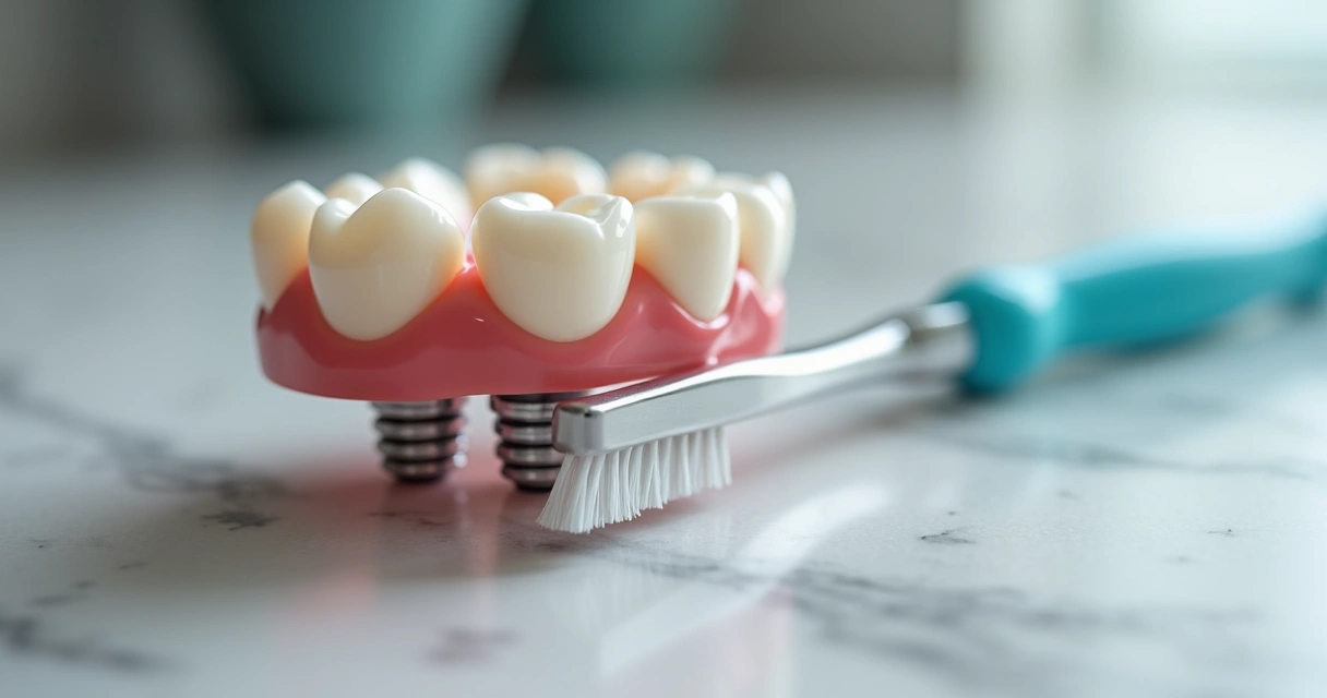 Escova interdental ao lado de uma prótese sobre implantes 