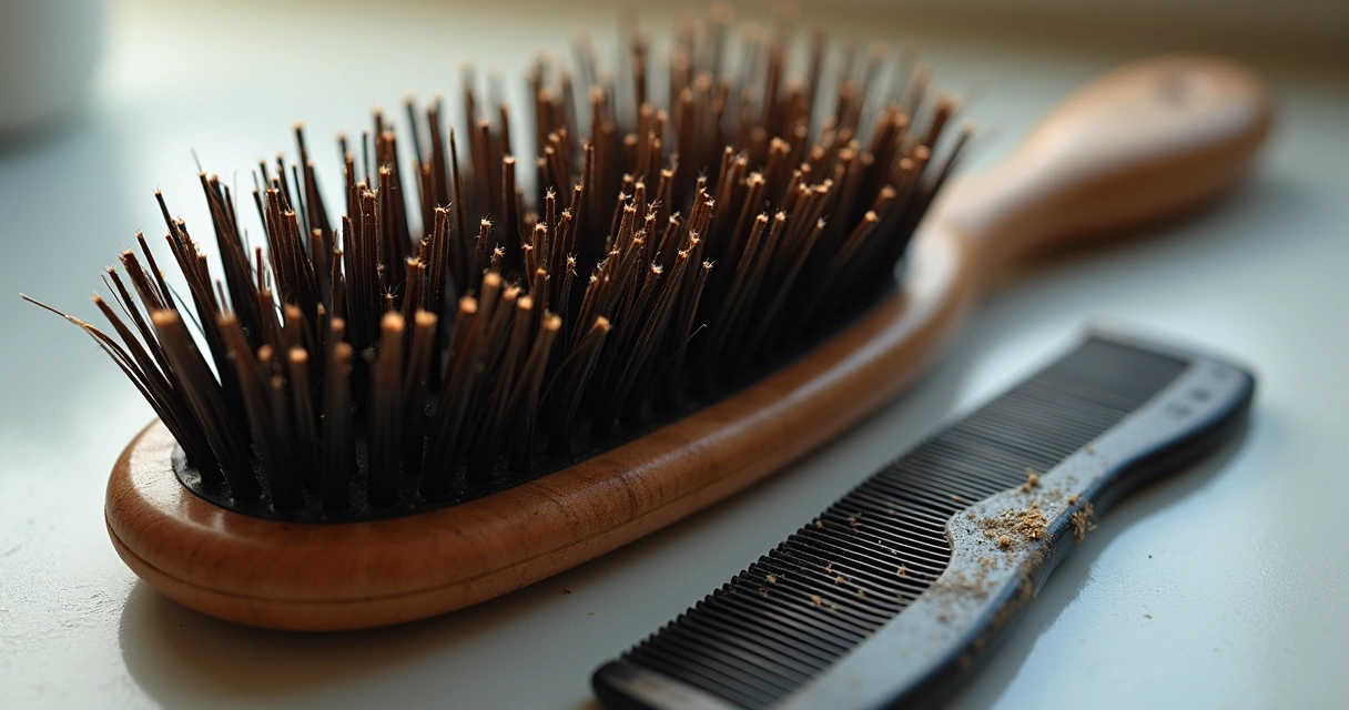 Escova de cabelo com resíduos visíveis e pente sujo sobre bancada de salão 