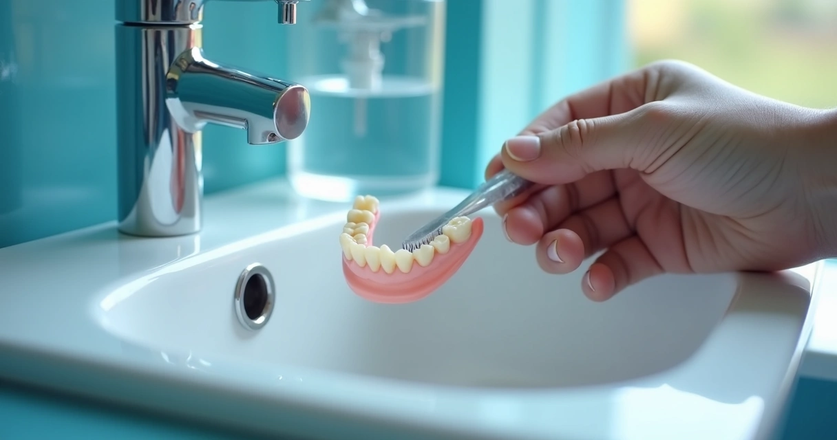 Mão escovando prótese flexível com escova macia próxima a copo de água 