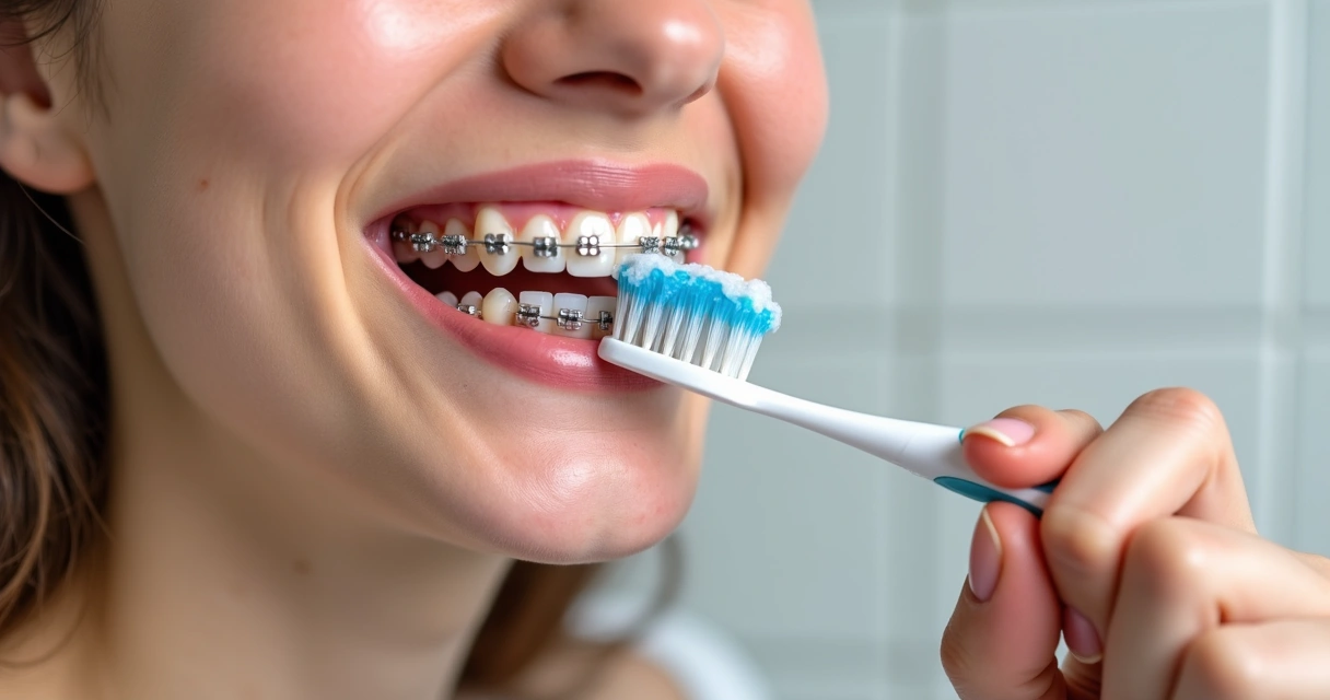 Pessoa escovando dentes com aparelho fixo metálico 