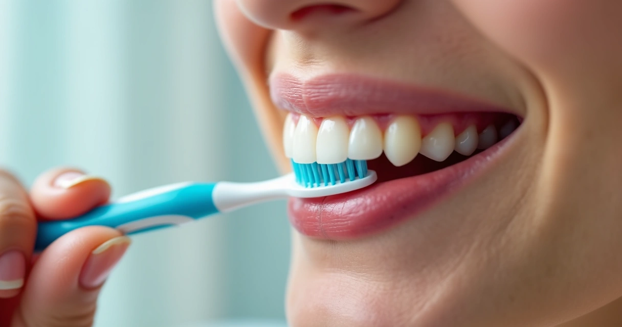 Pessoa escovando dentes com gengiva rosada e saudável 