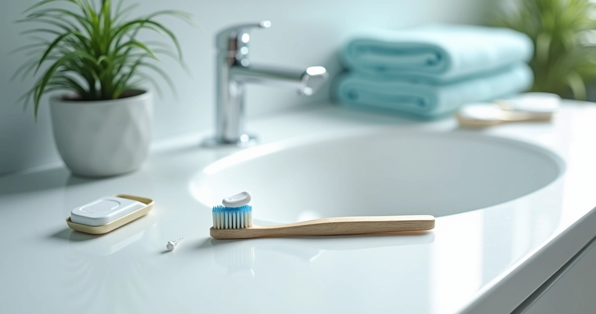 Escova de dentes e fio dental ao lado de pia clara 