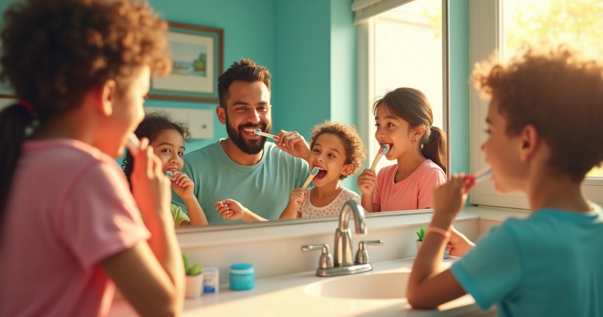 Família escovando os dentes e usando fio dental 