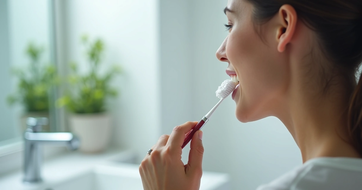 Pessoa escovando cuidadosamente os dentes em banheiro iluminado 