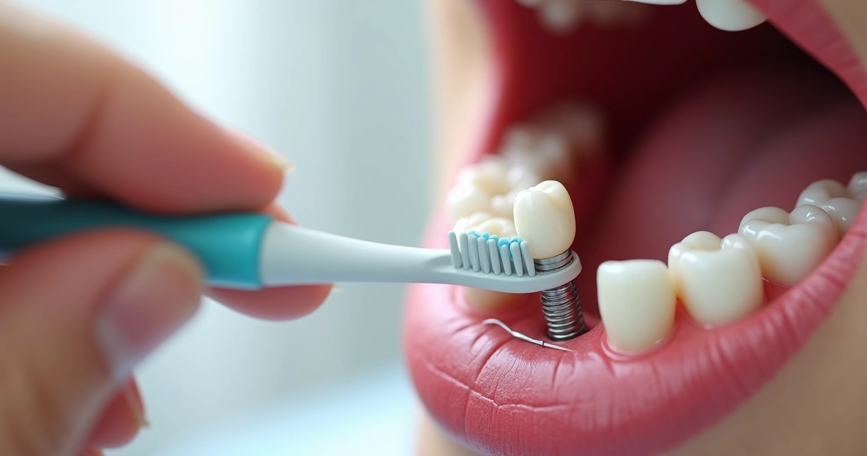 Escovação detalhada de implante dentário com escova e fio dental 