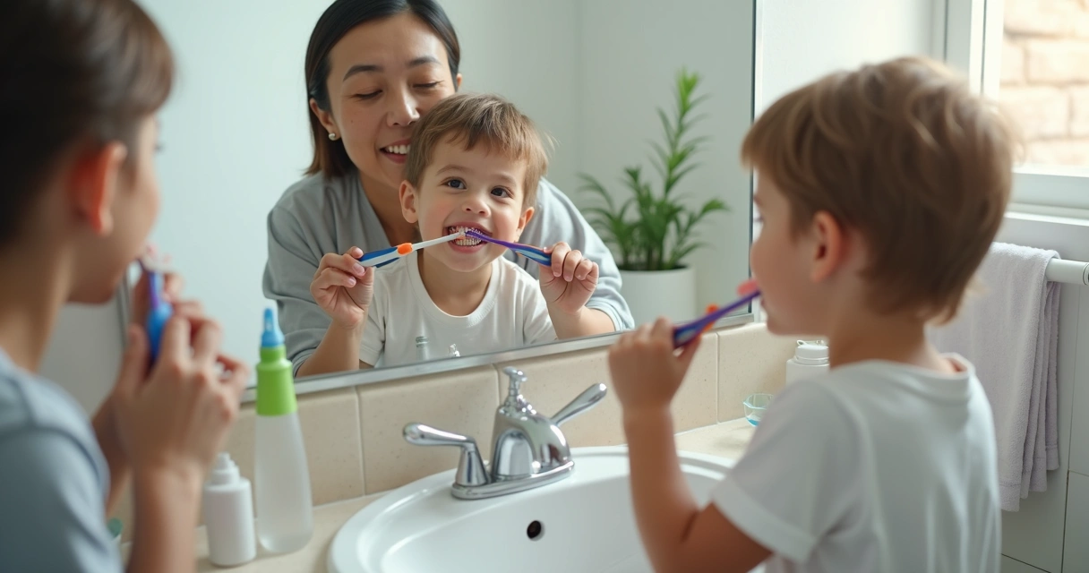 Responsável ajudando criança a escovar os dentes 