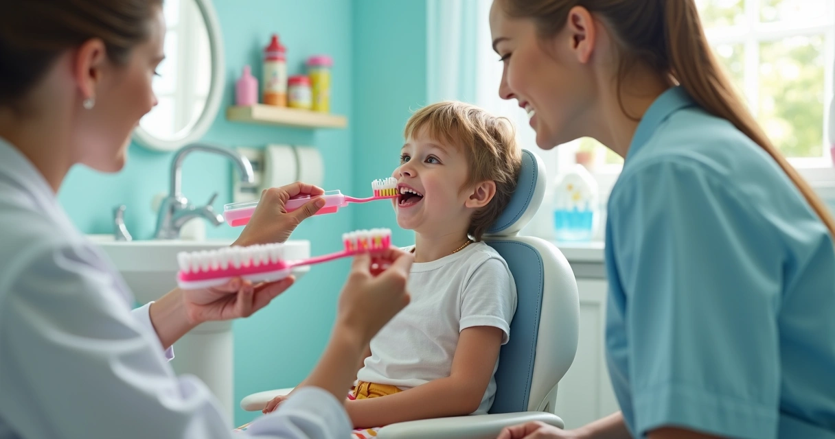 Criança escovando os dentes com orientação no consultório 