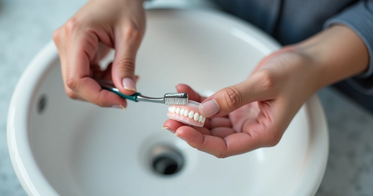 Pessoa escovando prótese dentária protocolo com escova macia