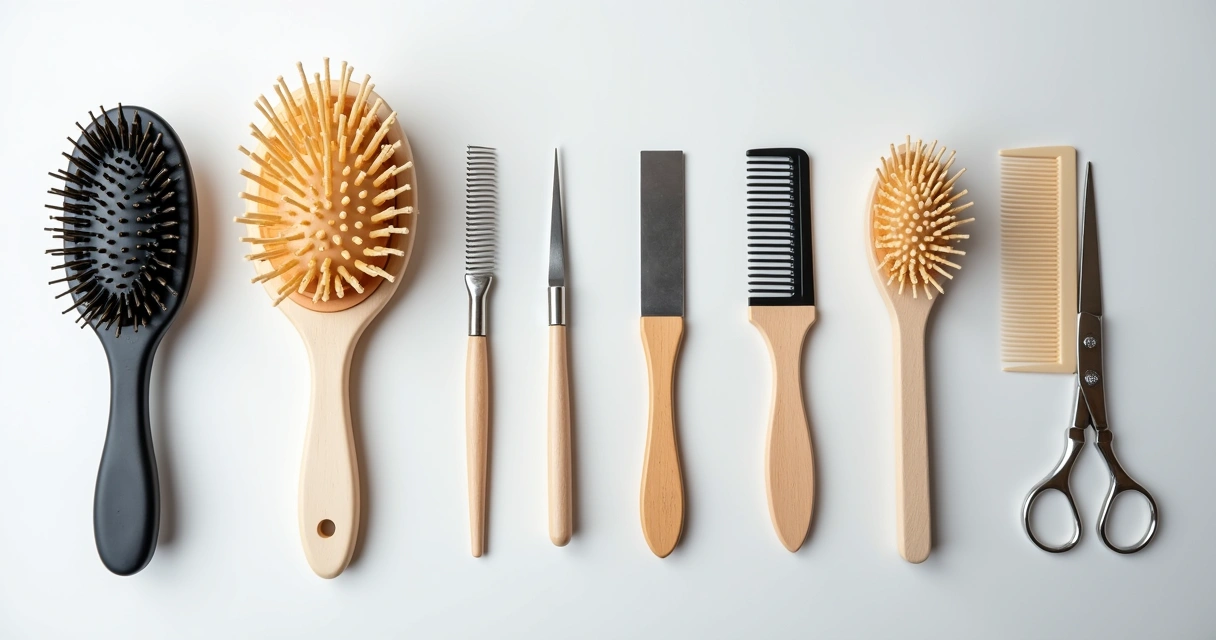 Pentes e escovas profissionais limpos e secos organizados em bancada 