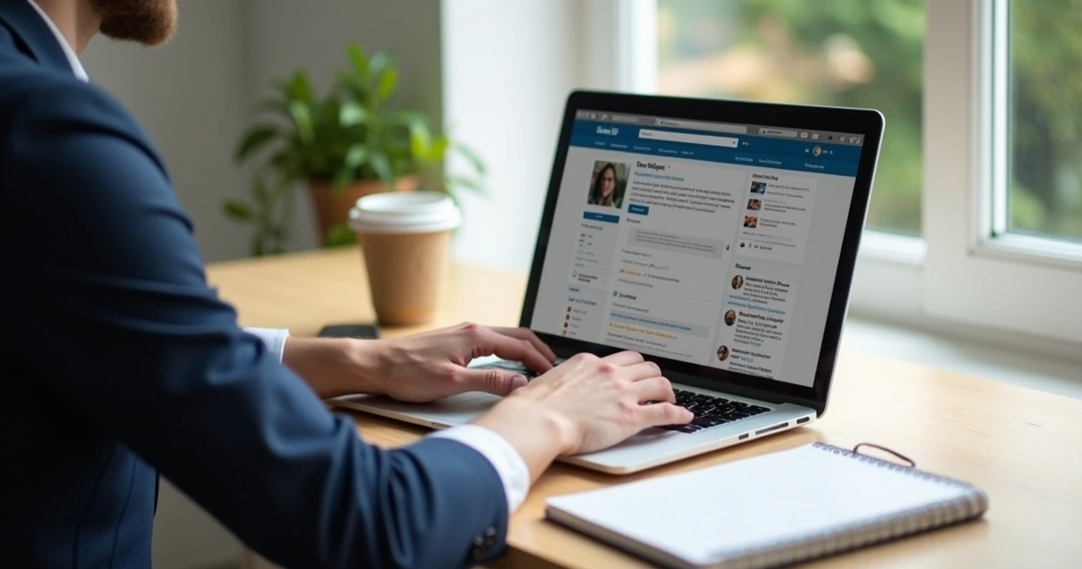 Profissional escrevendo bio do LinkedIn em notebook, ambiente tranquilo