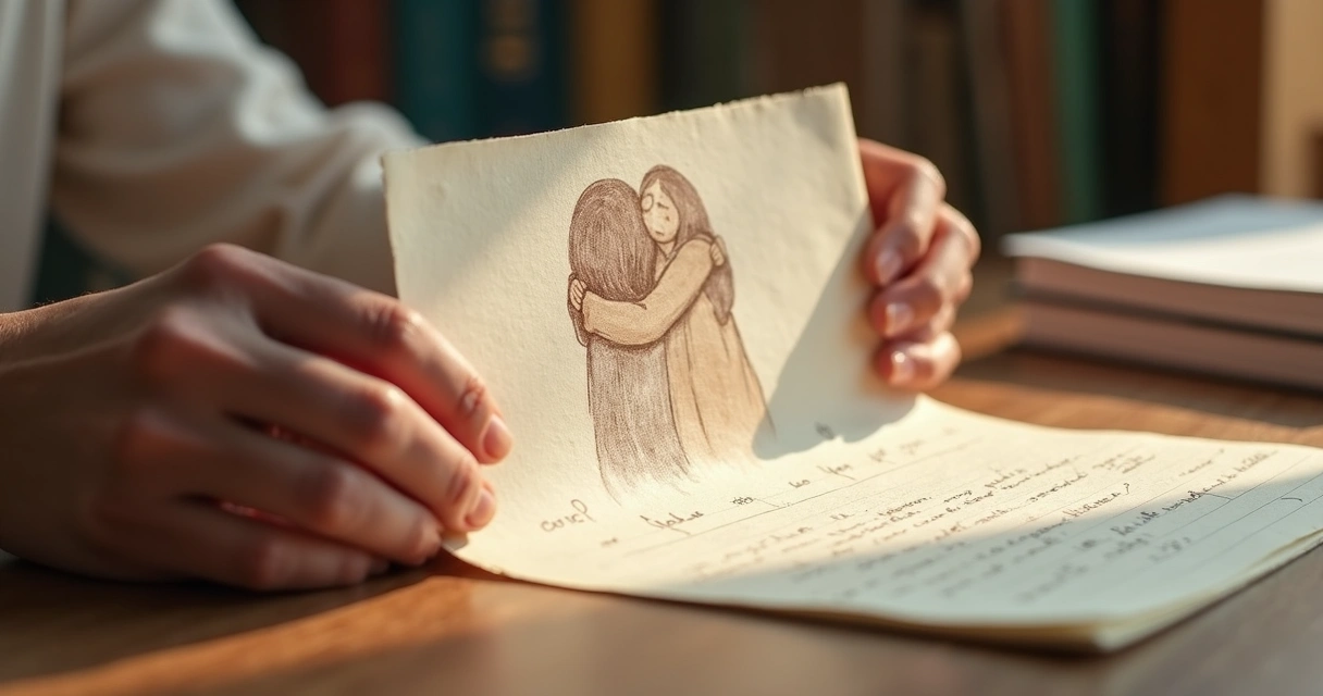 Mãos segurando uma carta escrita à mão com um abraço desenhado ao fundo em papel texturizado 