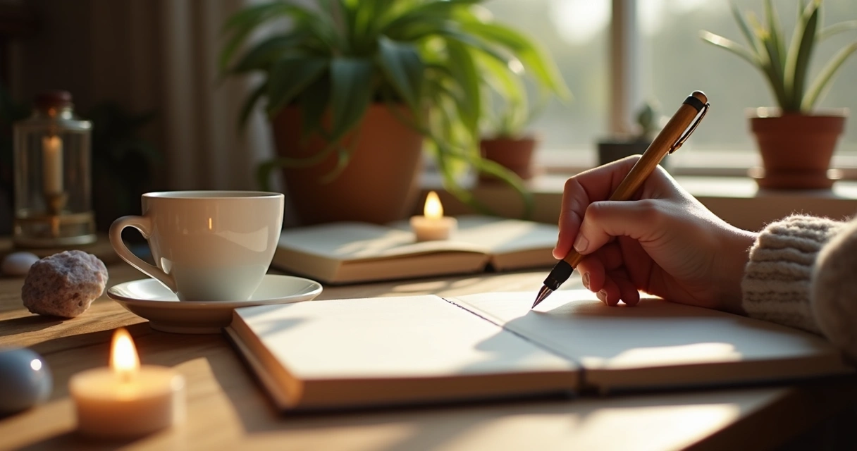 Pessoa escrevendo em diário de autoconhecimento 