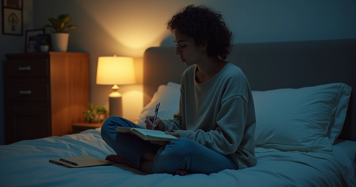 Pessoa sentada na cama à noite escrevendo em um diário 