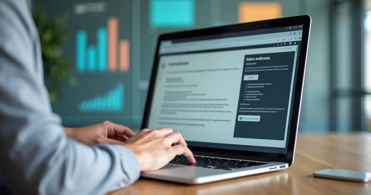Pessoa digitando email em laptop com gráficos de vendas ao fundo 