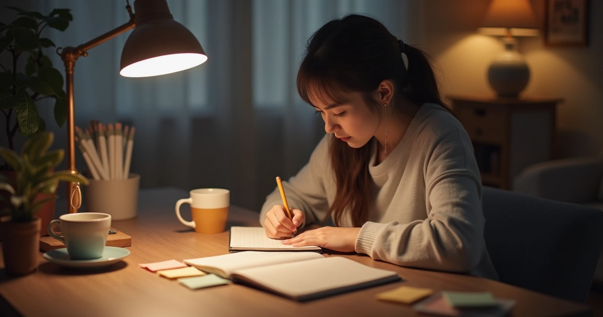 Pessoa escrevendo em diário com expressão serena e concentrada. 