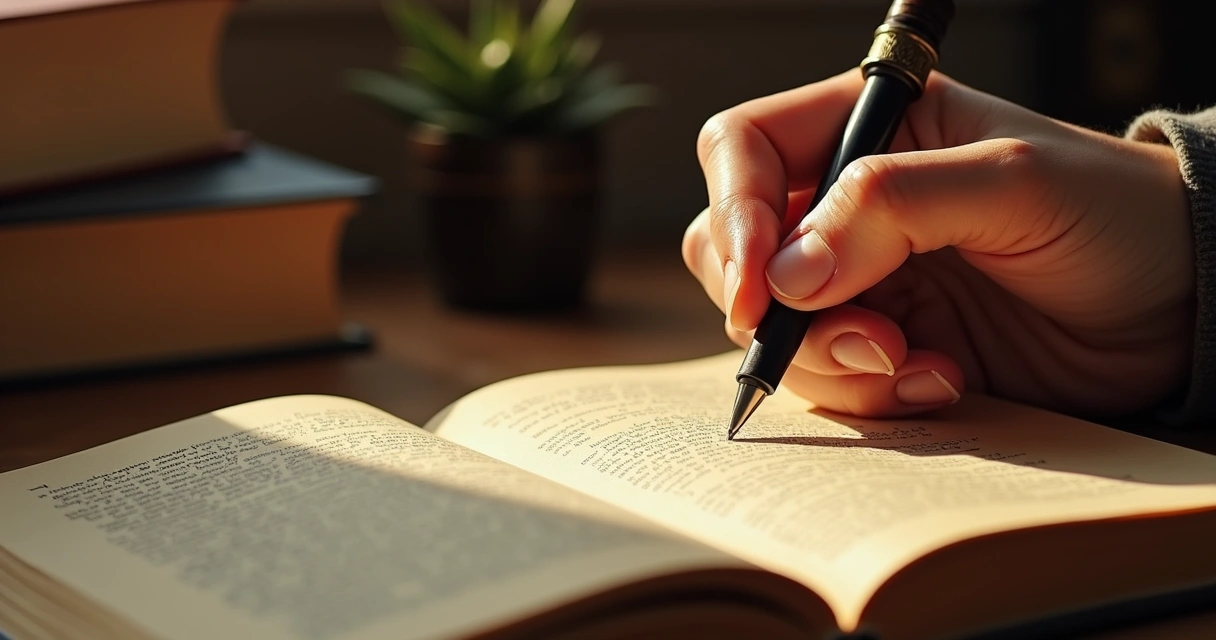 Mão escrevendo reflexões em diário sobre autotransformação 