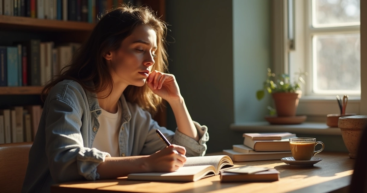 Pessoa escrevendo em caderno na mesa refletindo sobre si, luz suave entrando pela janela 