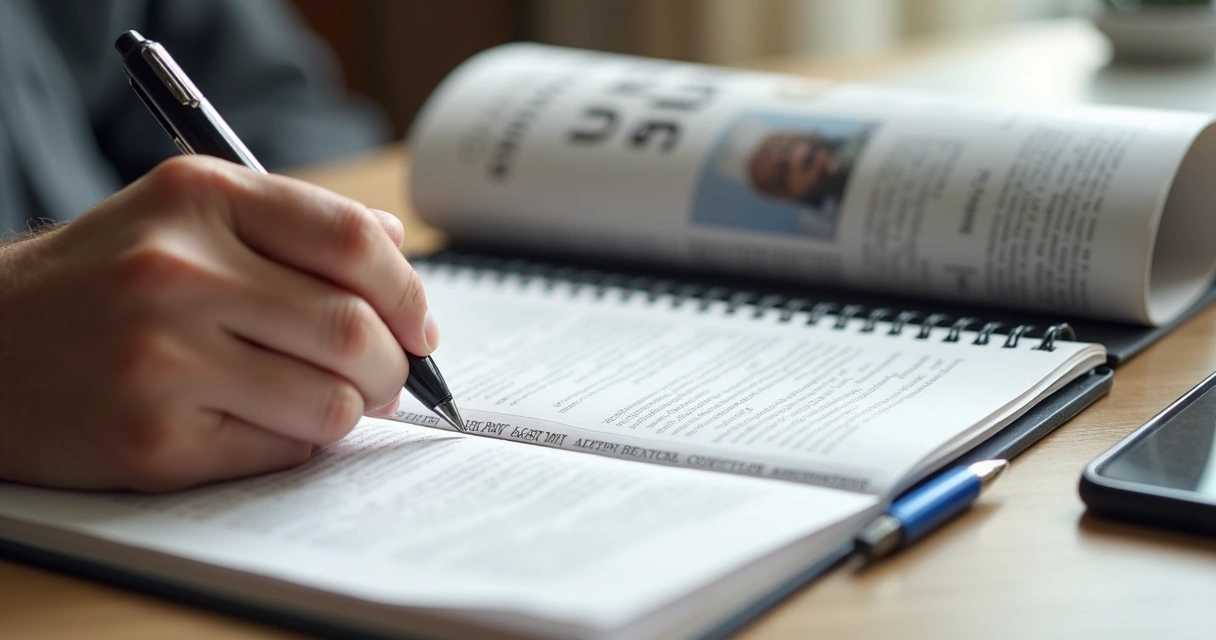 Mão escrevendo uma redação com jornal ao lado