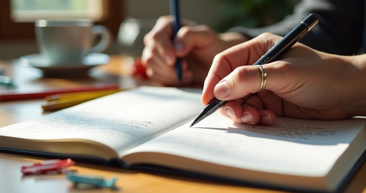 Pessoa escrevendo à mão em caderno aberto sobre mesa de madeira