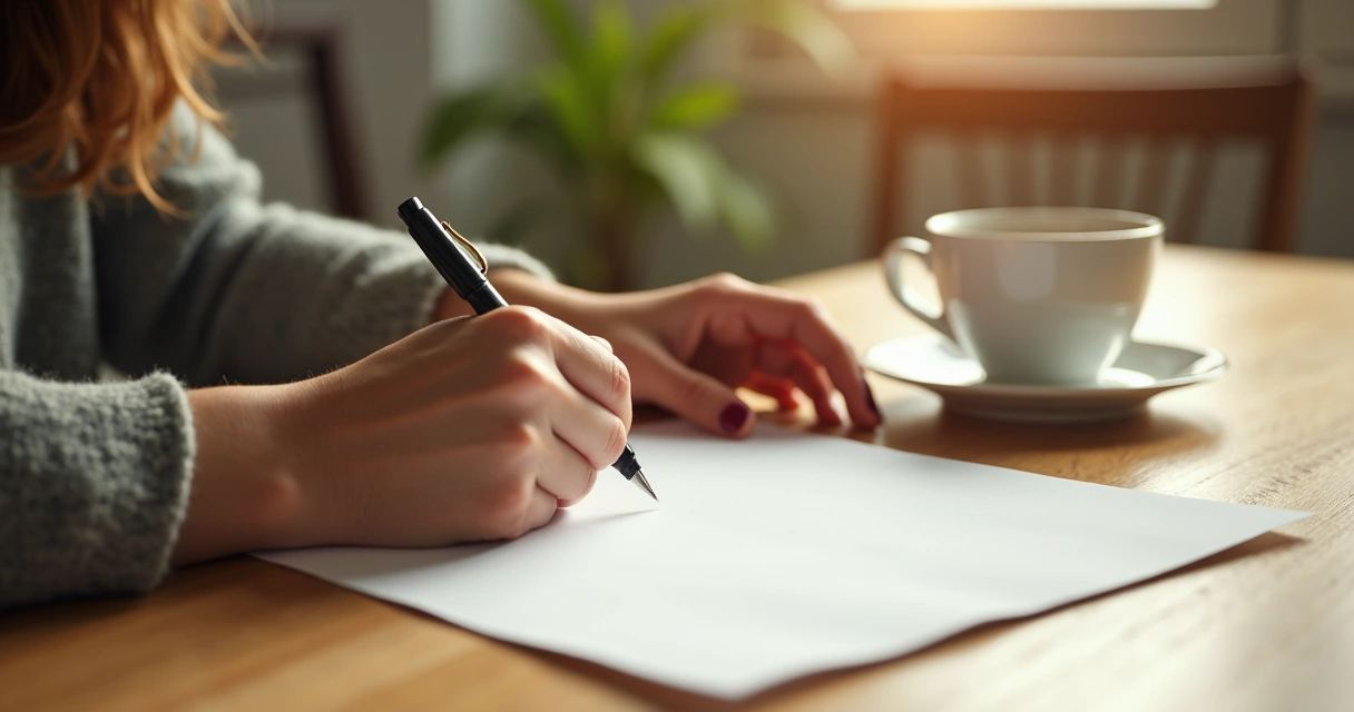 Mãos escrevendo carta em papel sobre mesa de madeira clara 