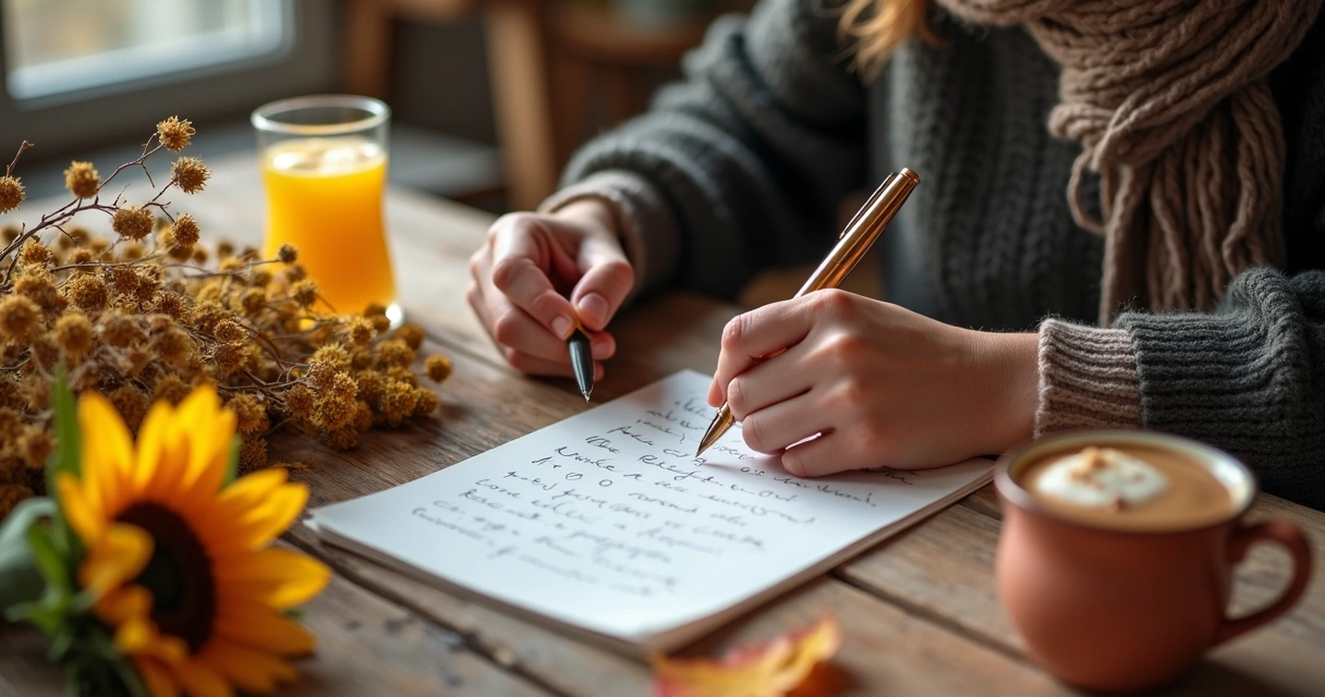 Pessoa escrevendo carta em mesa rústica com flores representando as estações 