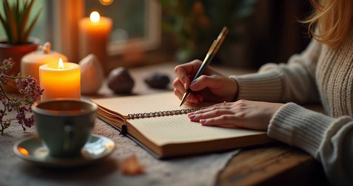 Pessoa escrevendo em um caderno à luz de velas.