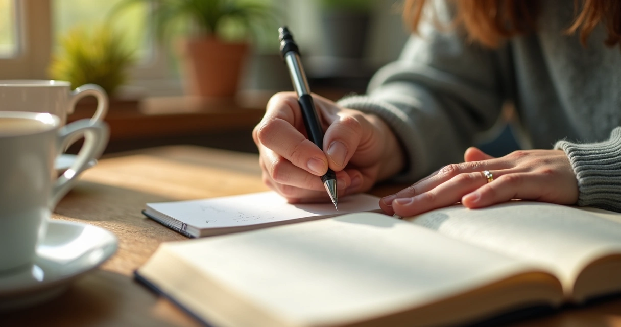 Pessoa escrevendo em diário na mesa