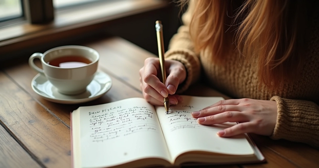 Pessoa escrevendo em diário na mesa de madeira com xícara de chá ao lado 