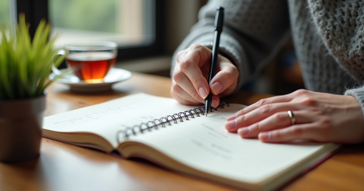 Mãos escrevendo diário em mesa de madeira com xícara e planta 