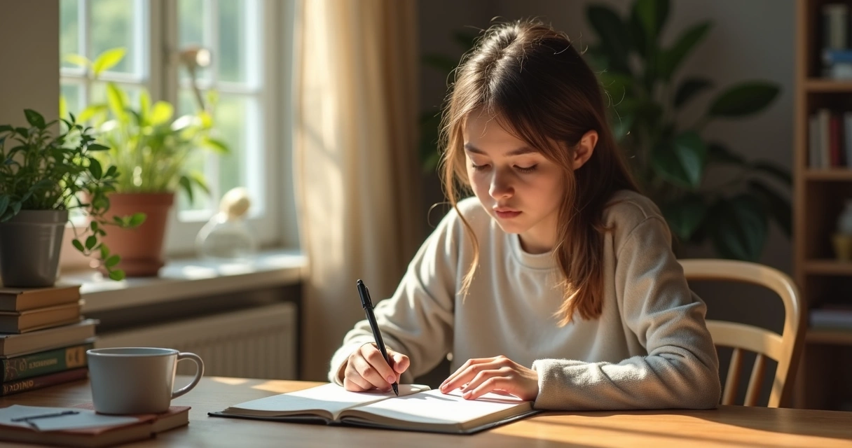 Jovem sentado à mesa, escrevendo em diário com caneta 
