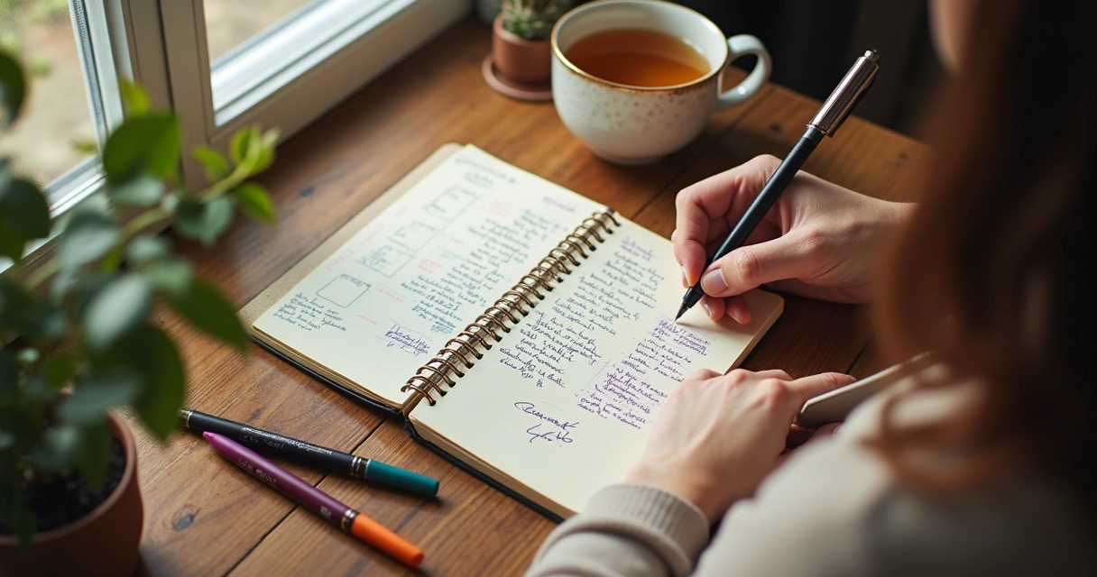 Pessoa escrevendo em caderno em mesa de madeira 