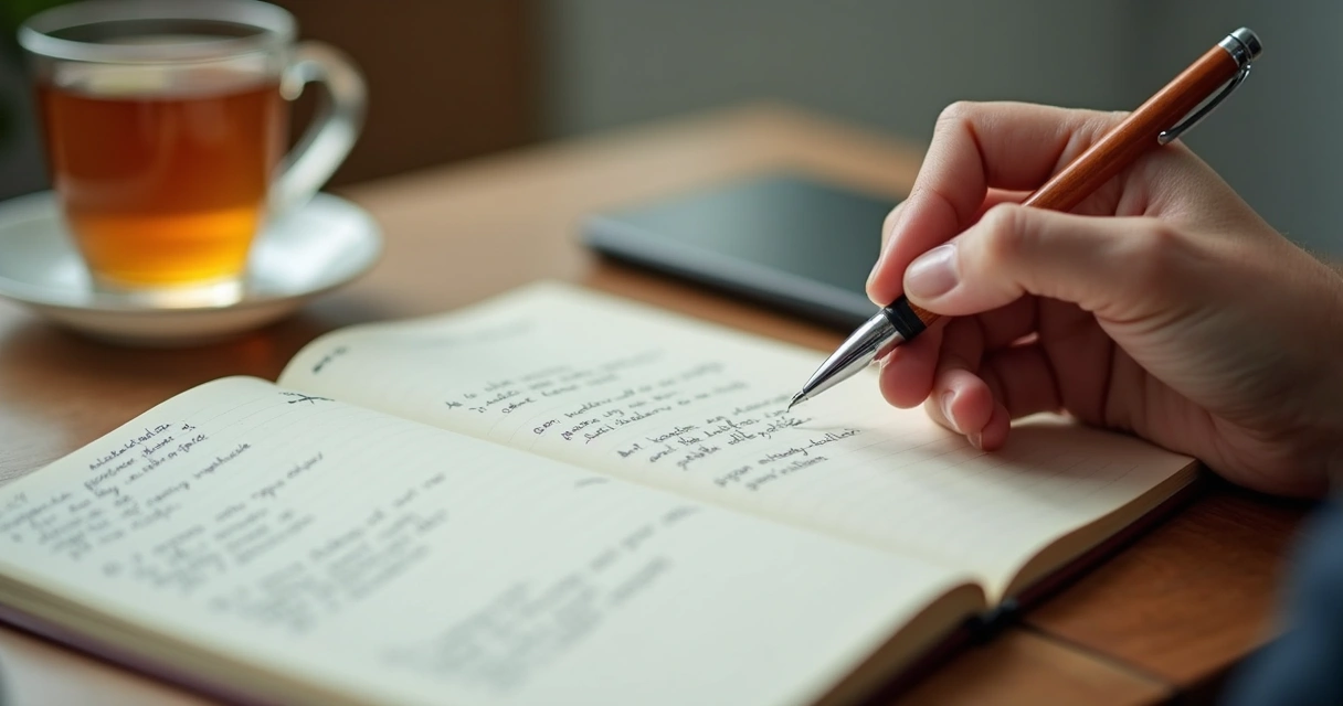 Mão escreve diário emocional com caneta em caderno