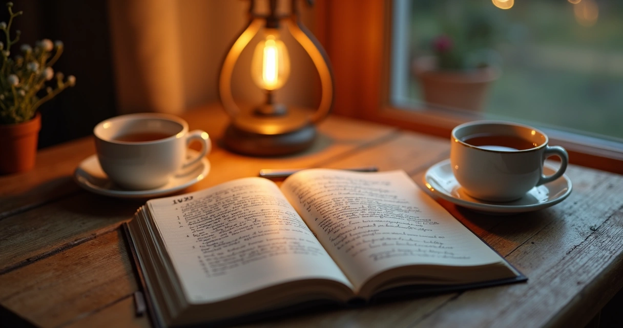 Caderno aberto com anotações diárias, caneta ao lado, ambiente aconchegante