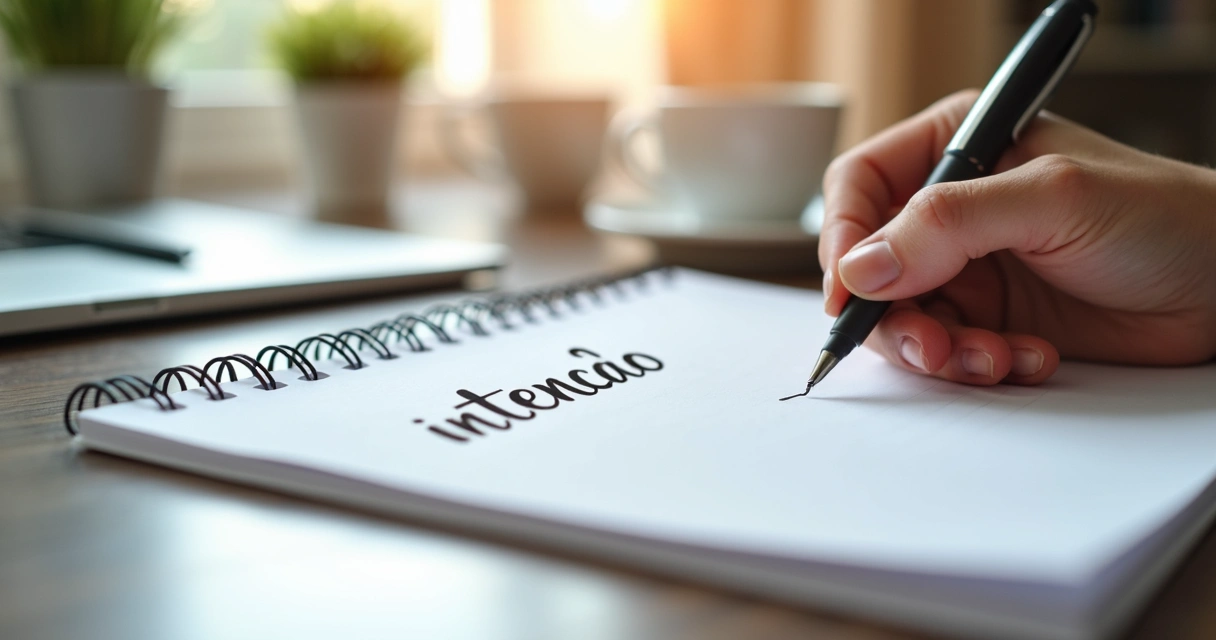 Pessoa escrevendo intenção em caderno 