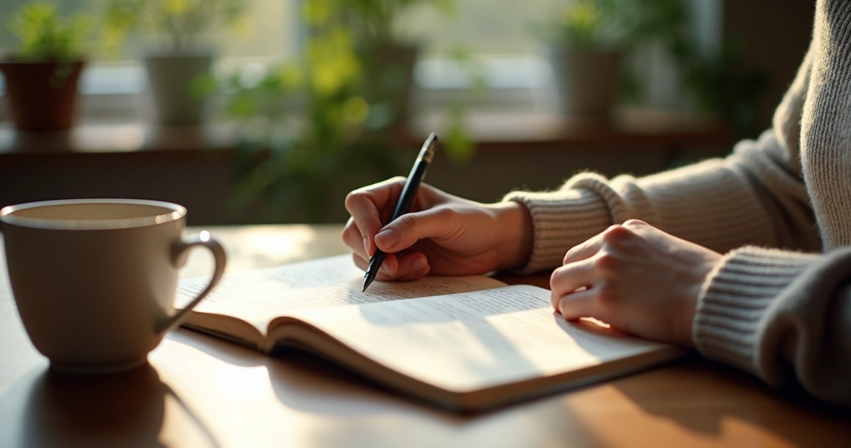 Pessoa escrevendo em diário de papel sobre mesa de madeira com caneta ao lado de uma xícara 
