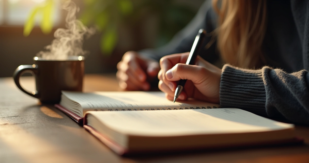 Mano escribiendo en un diario abierto sobre una mesa con luz cálida 