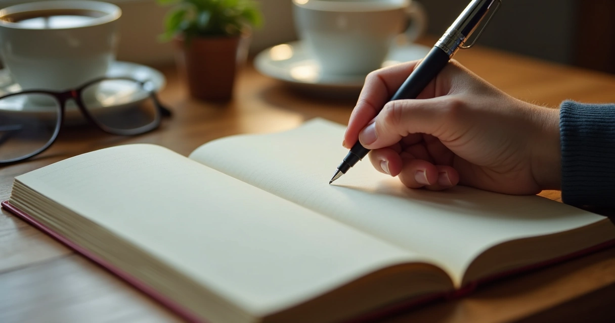 Mano sosteniendo bolígrafo sobre cuaderno abierto en escritorio de madera, luz cálida