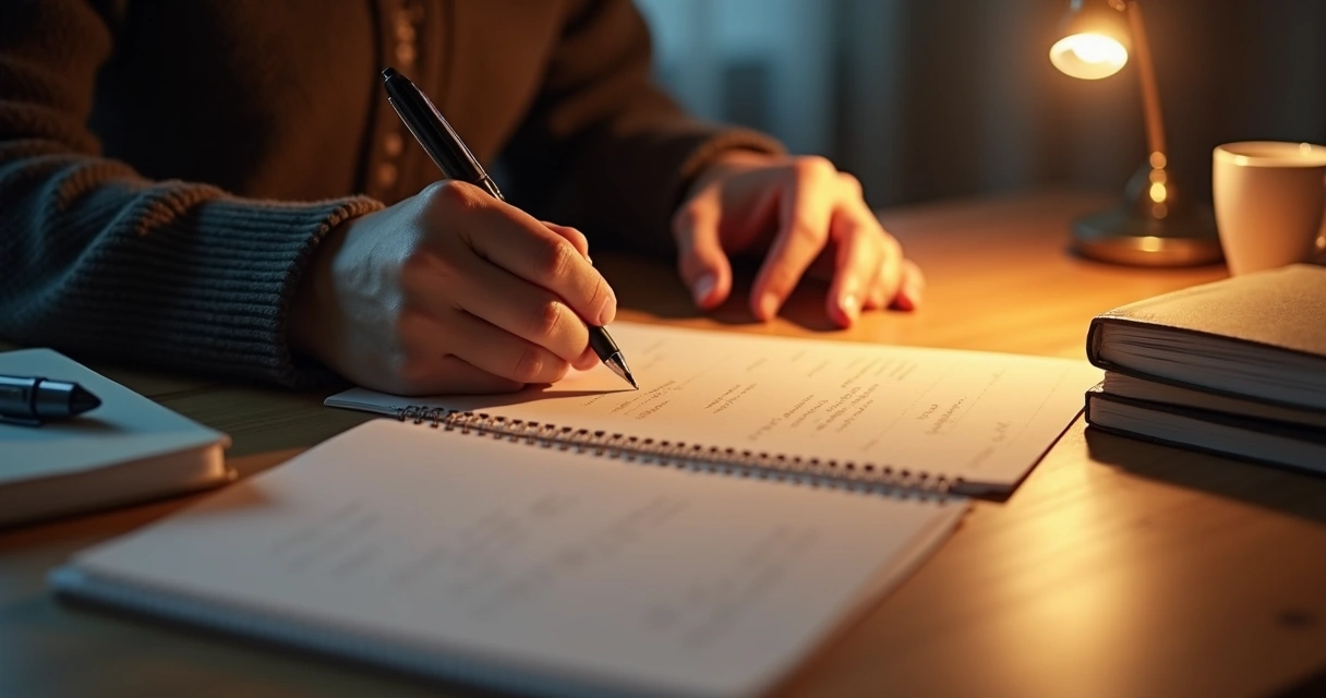 Persona escribiendo una carta a mano en un escritorio con luz cálida 