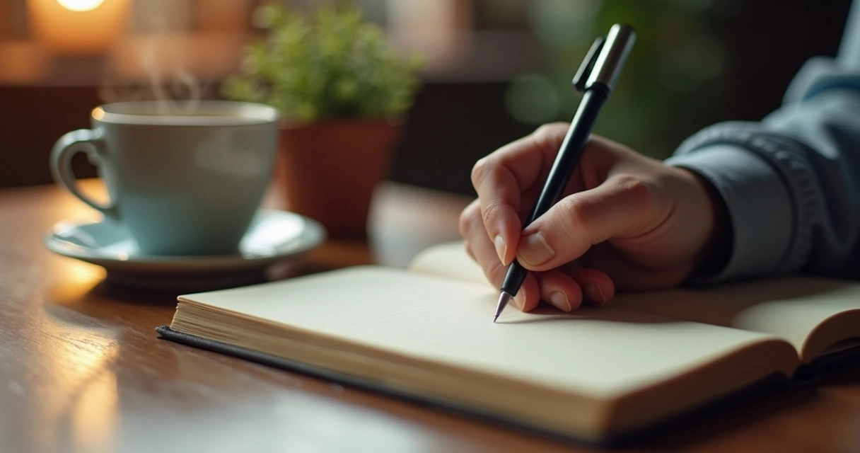 Mano escribiendo en diario con taza de café cerca 